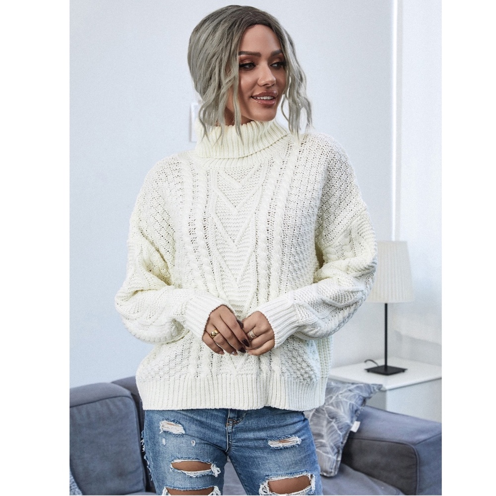 Off White Cable Knit Turtleneck Sweater - Picture 3 of 10